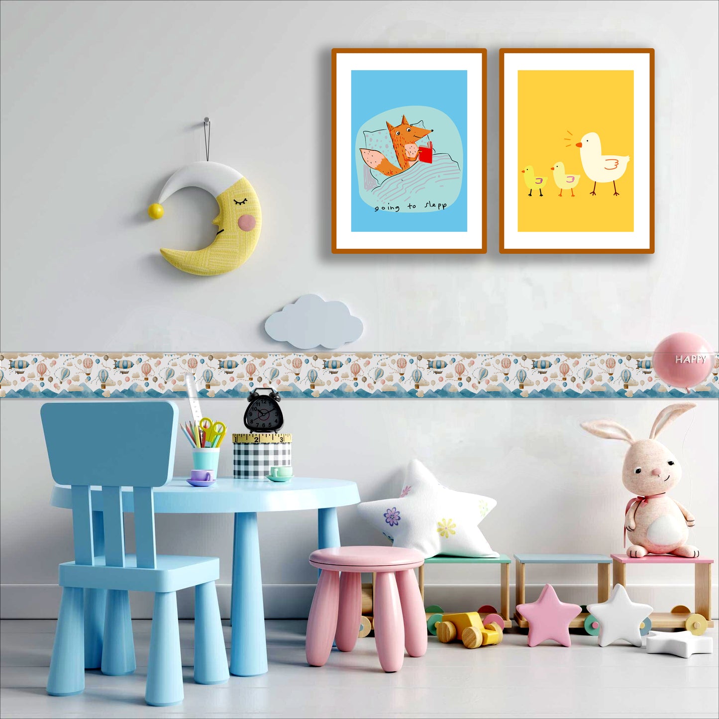 Bordo murale adesivo “Mongolfiere” – Greca decorativa "lunghezza 9 metri" per la camera bambini, adesivo riposizionabile e lavabile, ideale per arredare la cameretta. Vedi tutta la collezione