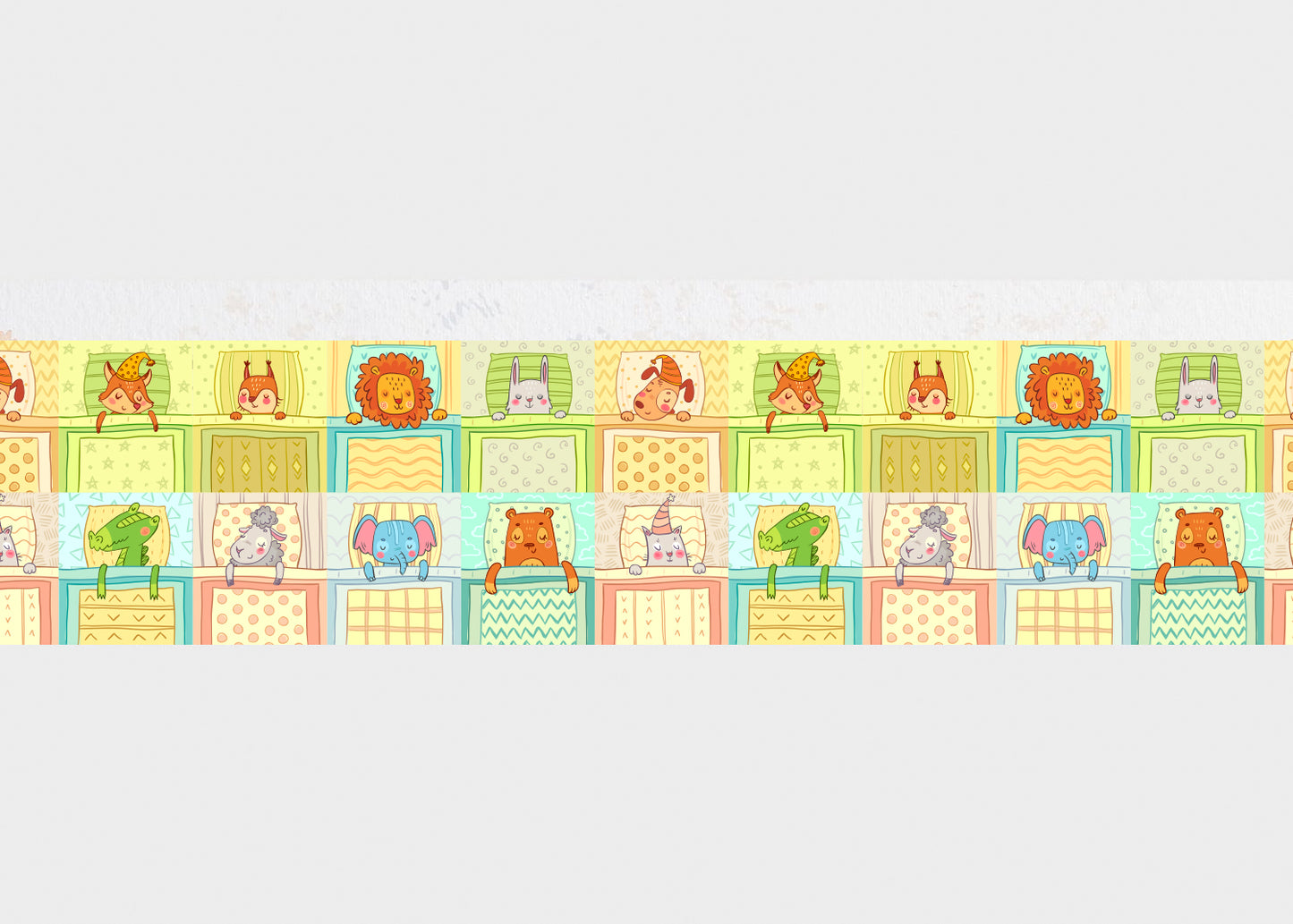 Bordo murale adesivo “Animali addormentati” Greca decorativa " 7 pezzi" per camera bambini, lunghezza 9 metri, adesivo riposizionabile e lavabile, per arredare la cameretta. Scopri la collezione