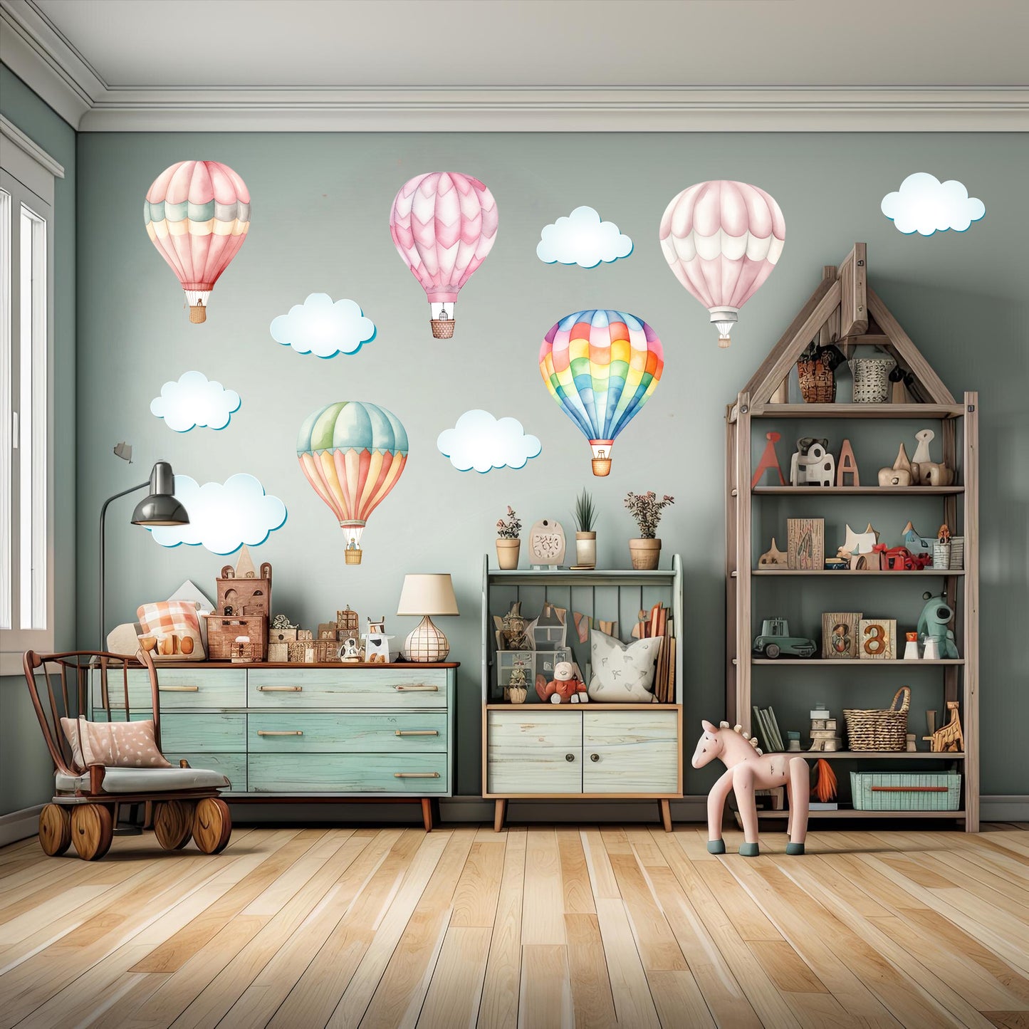 BipBop Stickers "Mongolfiere Set 14 pz " Adesivi murali in tessuto Premium" per bambini attacca e stacca, Sicuri e Atossici. Decora le camerette dei bambini. Unici e creativi