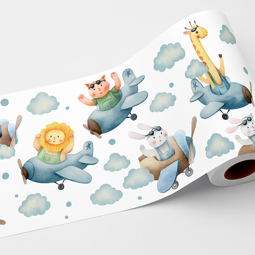 BipBop stickers. Bordo murale"Animali in Aereo" Greca decorativa per pareti cameretta bambini, adesivo riposizionabile e lavabile, facile applicazione e rimozione. (Animali in aereo)