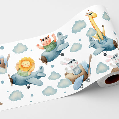 BipBop stickers. Bordo murale"Animali in Aereo" Greca decorativa per pareti cameretta bambini, adesivo riposizionabile e lavabile, facile applicazione e rimozione. (Animali in aereo)